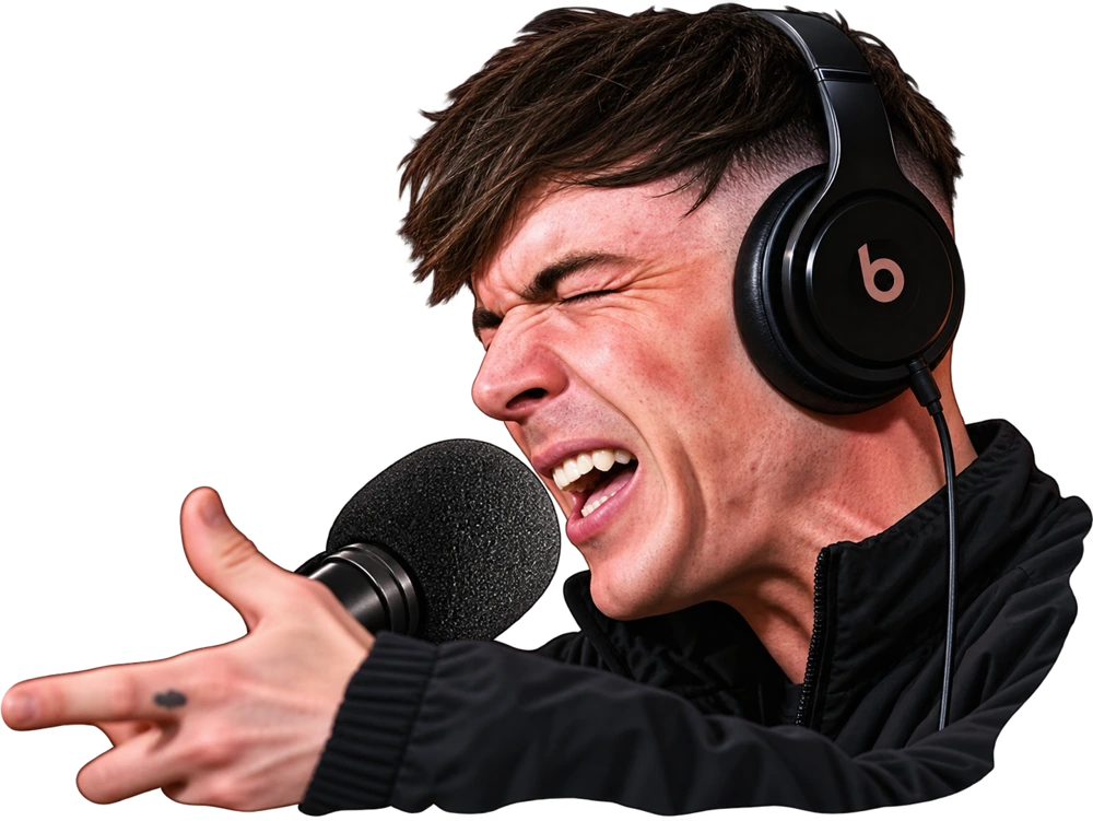 Ren performing at the microphone, surrounded by illustrated flames