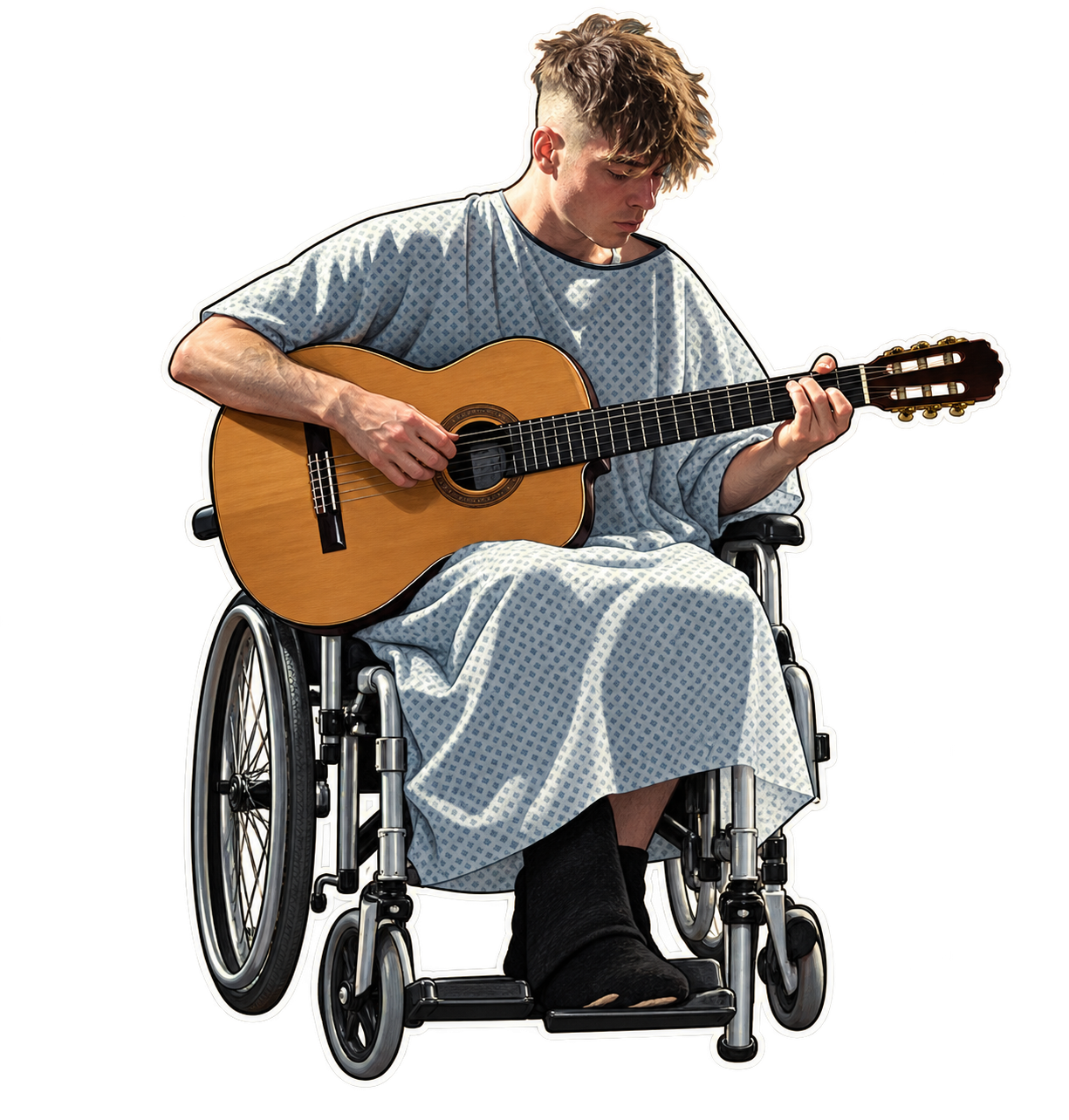 Ren seated in a wheelchair playing acoustic guitar