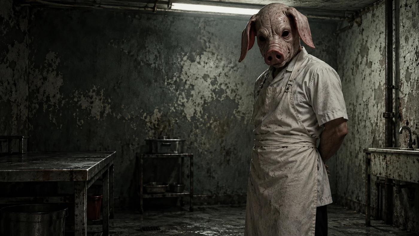Original Hi Ren-inspired fan art: a pig-masked human attendant in a weathered clinical room