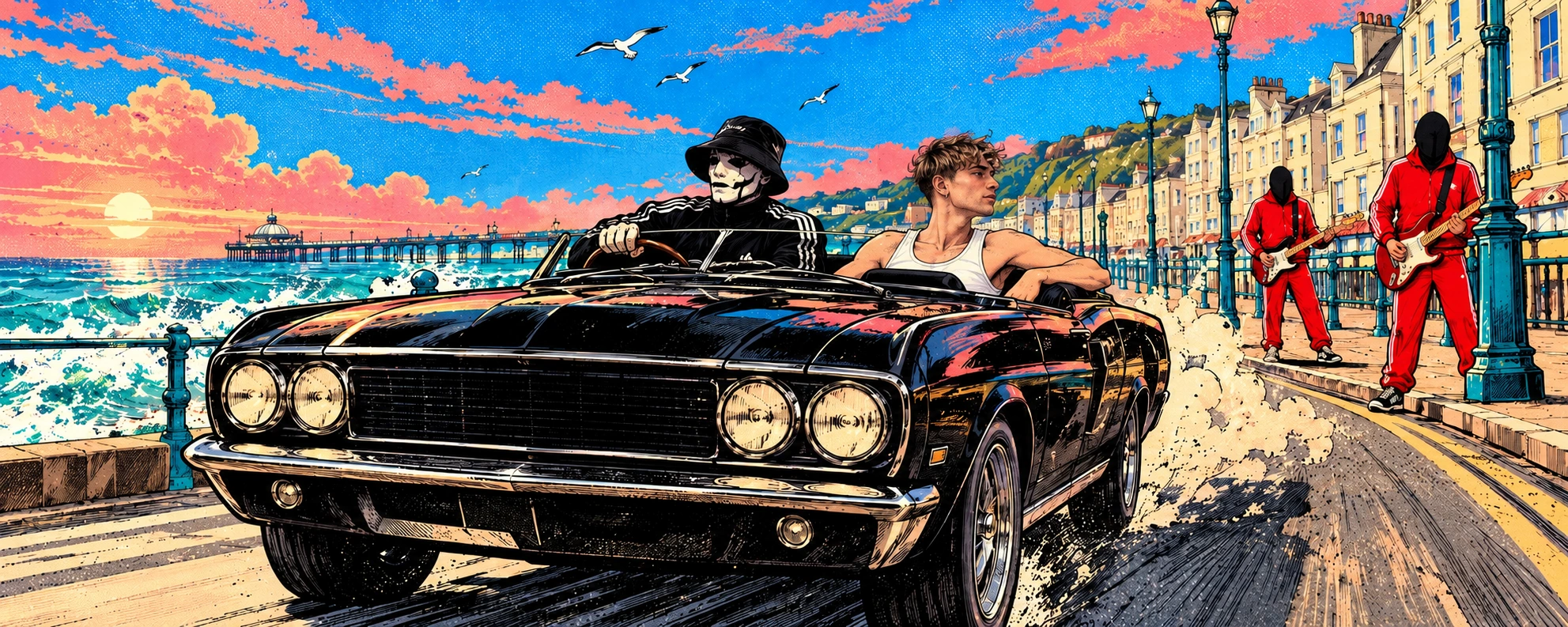 Original fan art of Ren and masked Soul Boy in a black convertible on a blue-and-pink seaside road