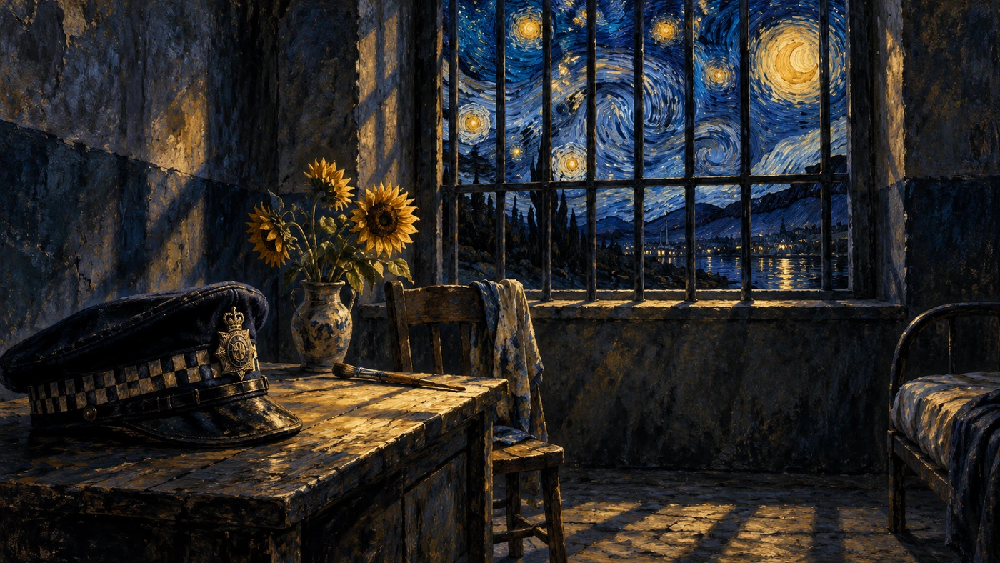 Symbolic fan art: a police cap, sunflowers and a barred window opening onto a blue-and-gold starry sky