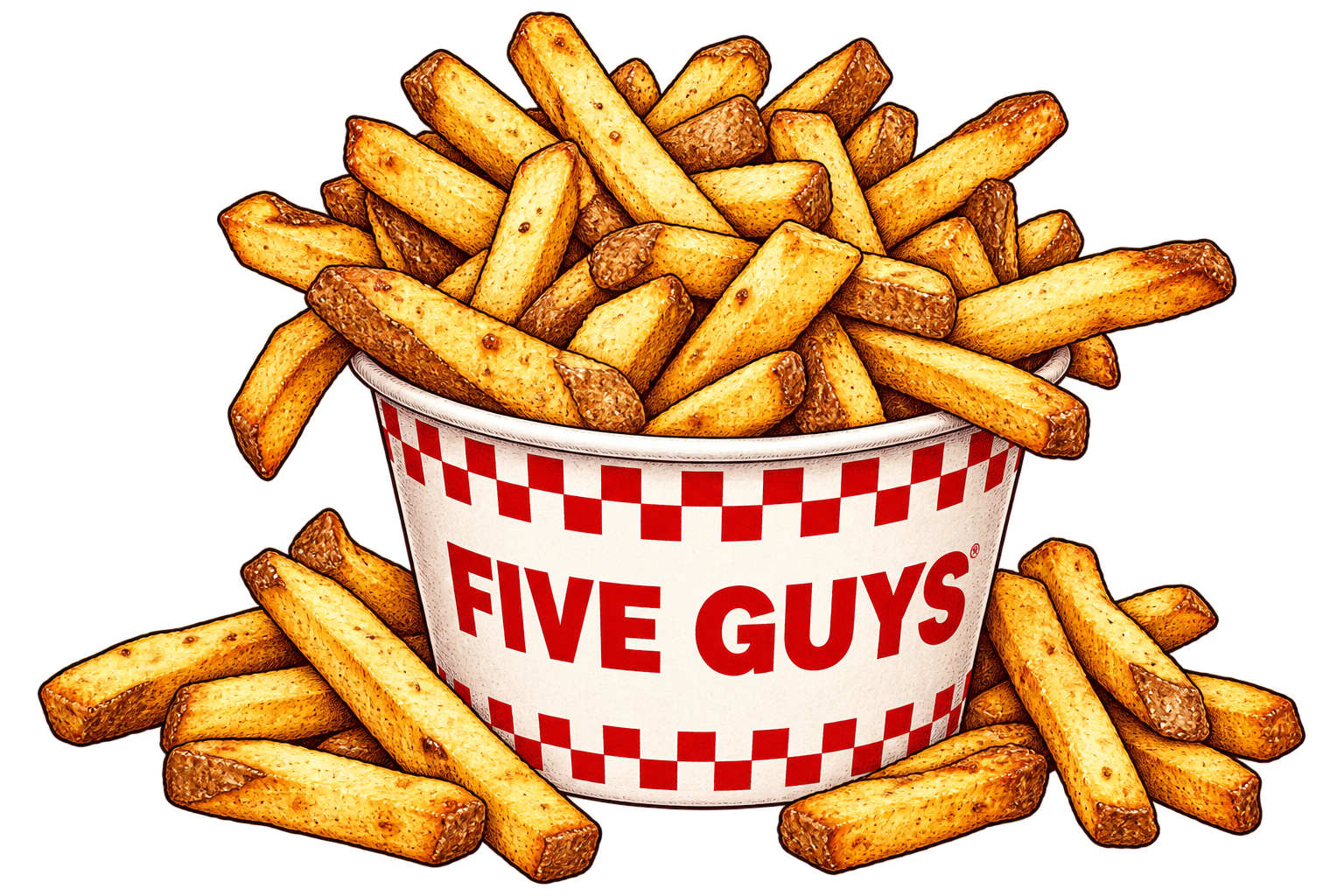 Illustrated Five Guys cup overflowing with fries