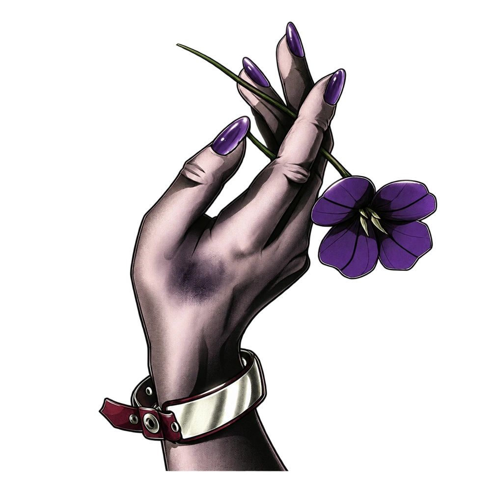 Violet’s Tale-inspired gray hand with purple nails holding a violet flower, with a silver cuff and burgundy strap